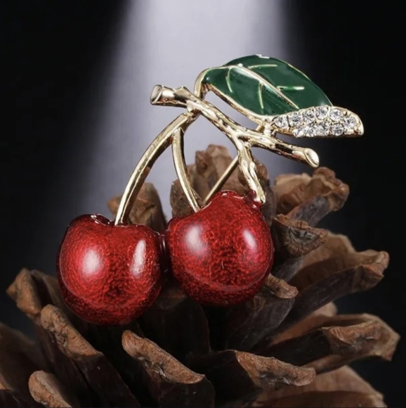 Fashion Jewelry Jewelry - Red Cherry Brooch with Gold and Green